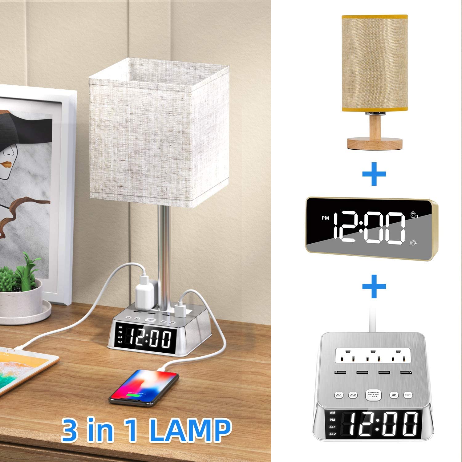 Table Lamp, 4 USB Ports &amp; AC Power Outlets, Alarm Clock - Deskology