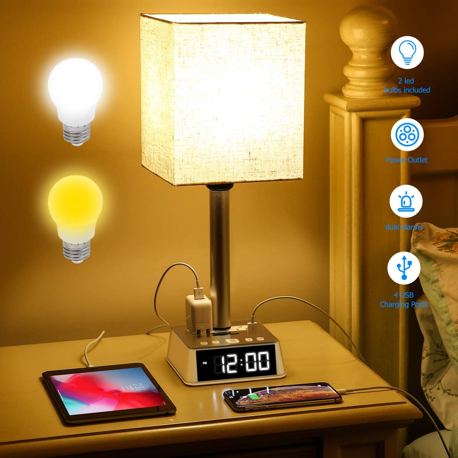 Table Lamp, 4 USB Ports &amp; AC Power Outlets, Alarm Clock - Deskology