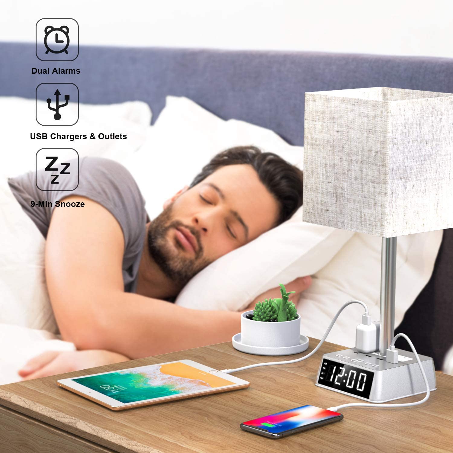 Table Lamp, 4 USB Ports &amp; AC Power Outlets, Alarm Clock - Deskology