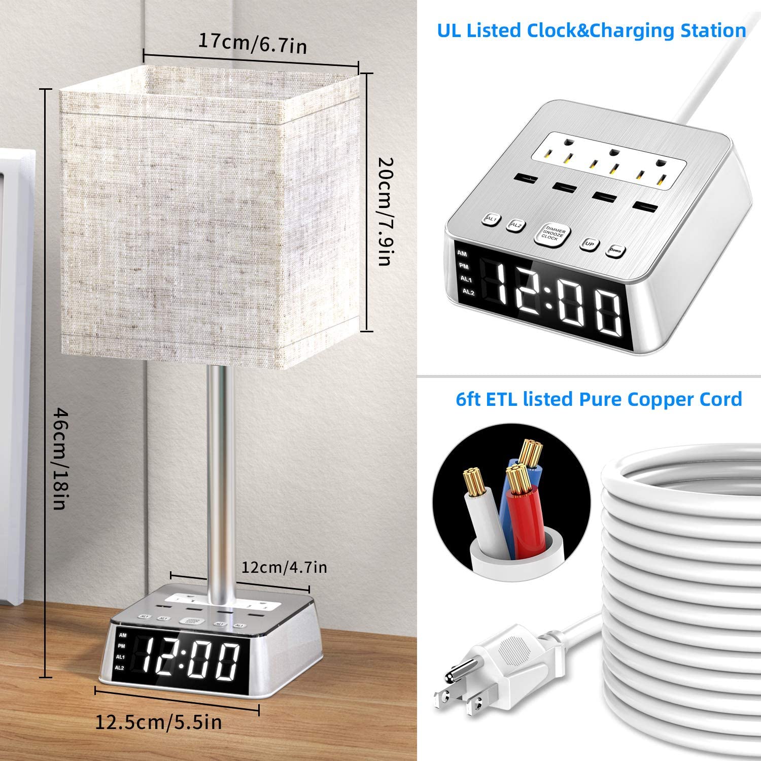 Table Lamp, 4 USB Ports &amp; AC Power Outlets, Alarm Clock - Deskology