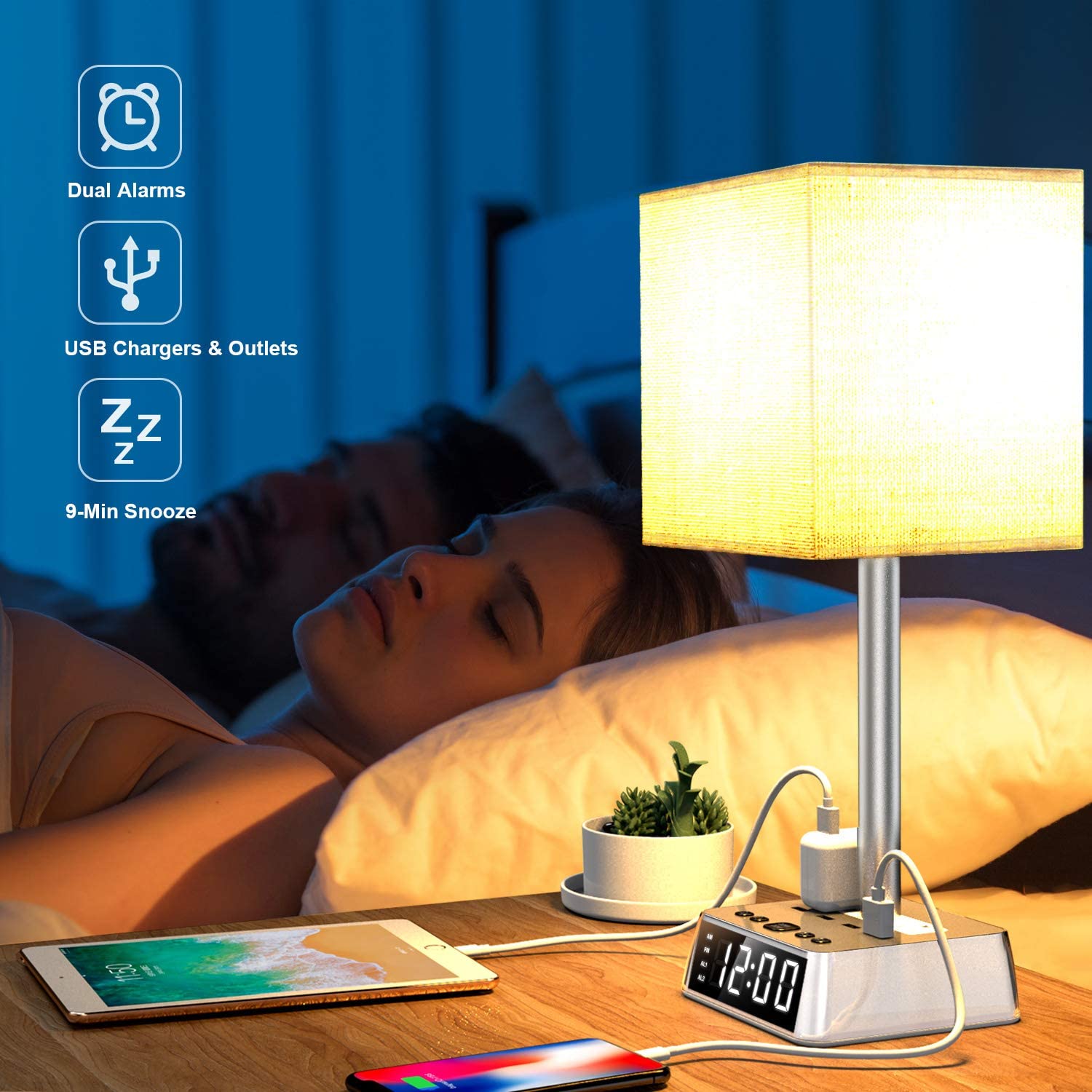 Table Lamp, 4 USB Ports &amp; AC Power Outlets, Alarm Clock - Deskology