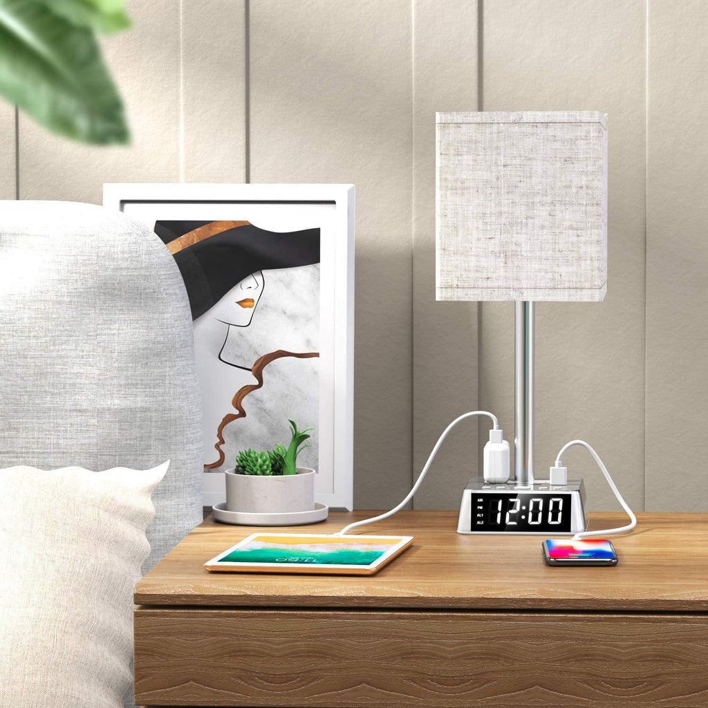 Table Lamp, 4 USB Ports &amp; AC Power Outlets, Alarm Clock - Deskology