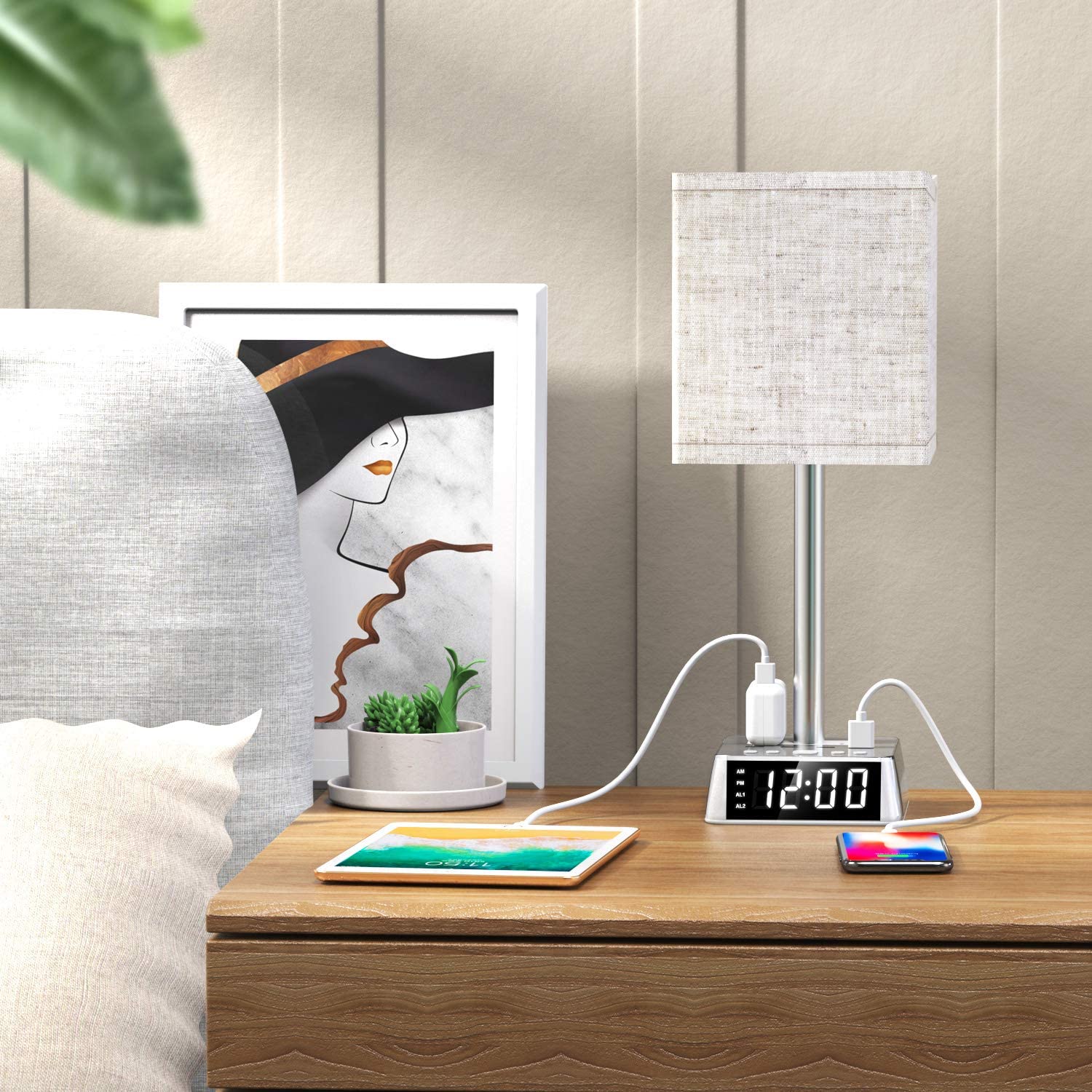 Table Lamp, 4 USB Ports &amp; AC Power Outlets, Alarm Clock - Deskology