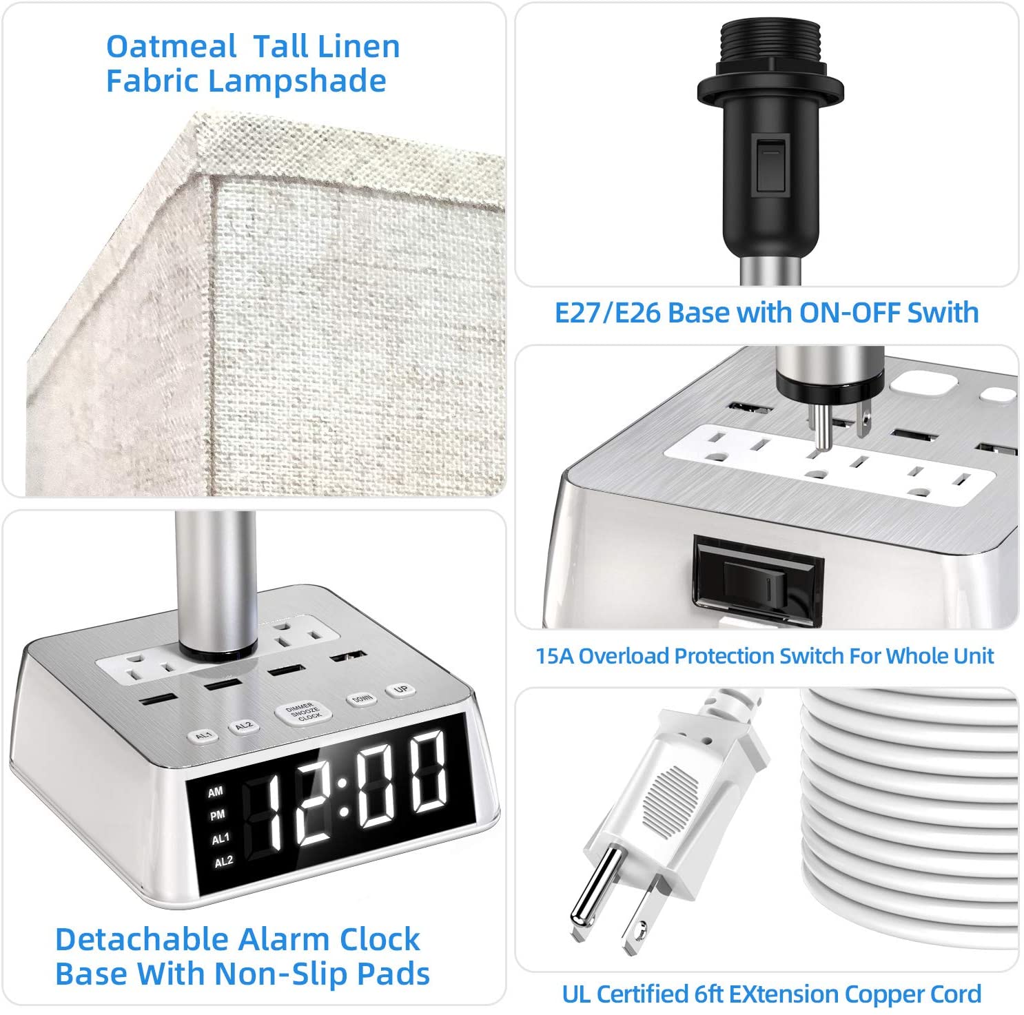 Table Lamp, 4 USB Ports &amp; AC Power Outlets, Alarm Clock - Deskology