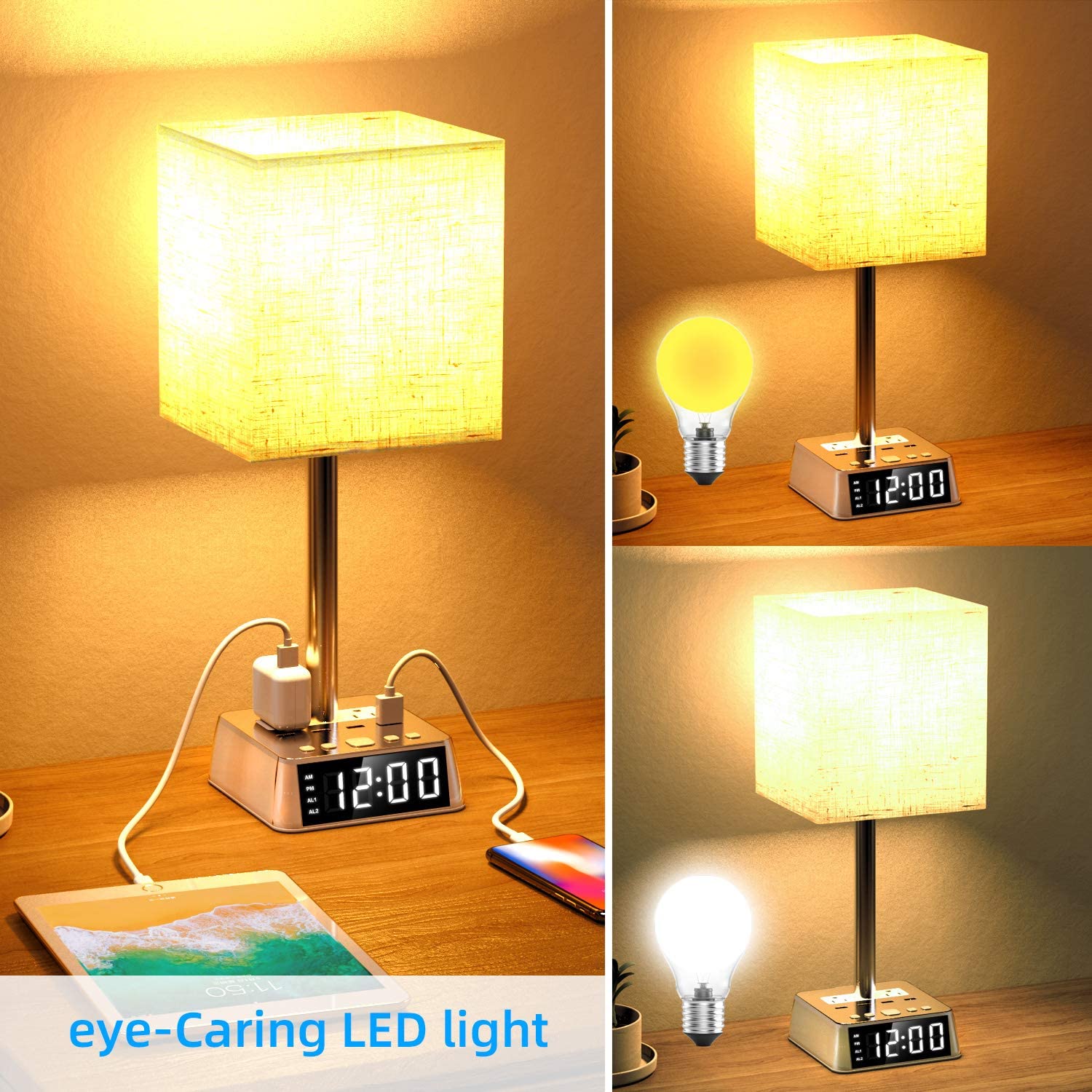 Table Lamp, 4 USB Ports &amp; AC Power Outlets, Alarm Clock - Deskology